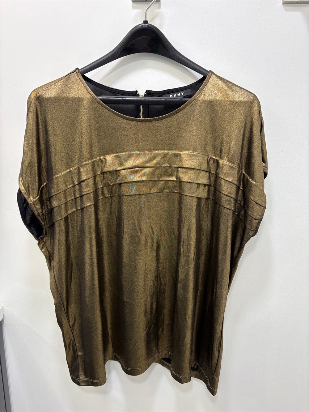 Dkny Metallic Bronze Pleated Short-Sleeve Top